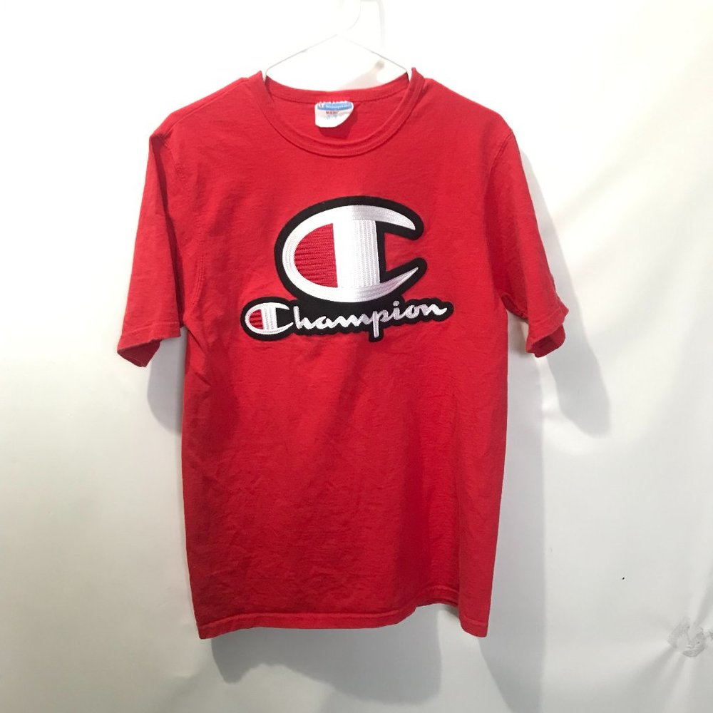 Vintage Embroidered Red Champion Medium Logo Short Sleeve Tee Shirt